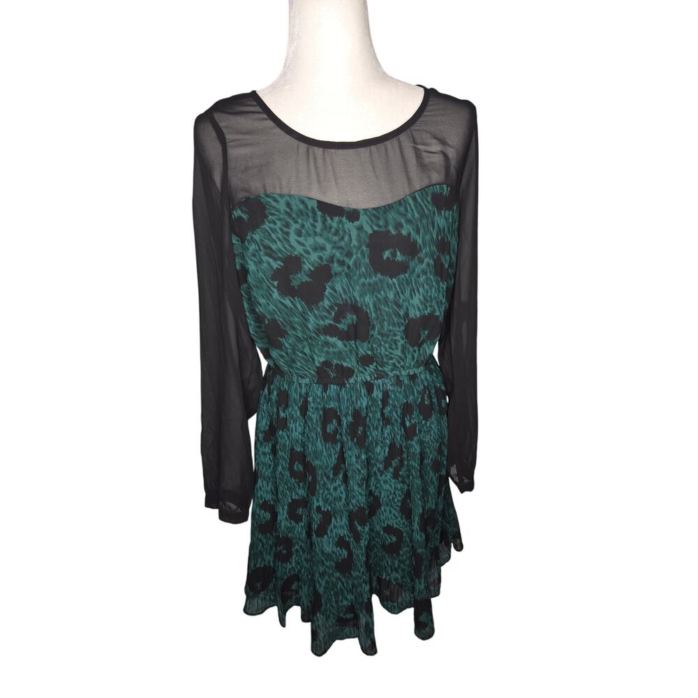 Jessica Simpson  Botanical Fauna Teal Green Black Pleat Leopard Print Dress M